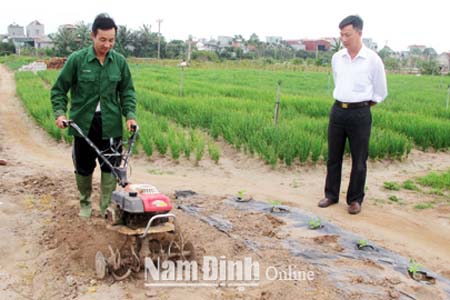 Bác Vũ Văn Thịnh, xóm Tân Thịnh, xã Hải Triều ( Hải Hậu) vận hành chiếc máy xới đất do mình cải tiến kỹ thuật.